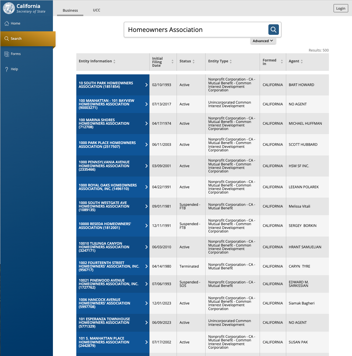 California HOA Corporate Status Search Result on the Secretary of State website