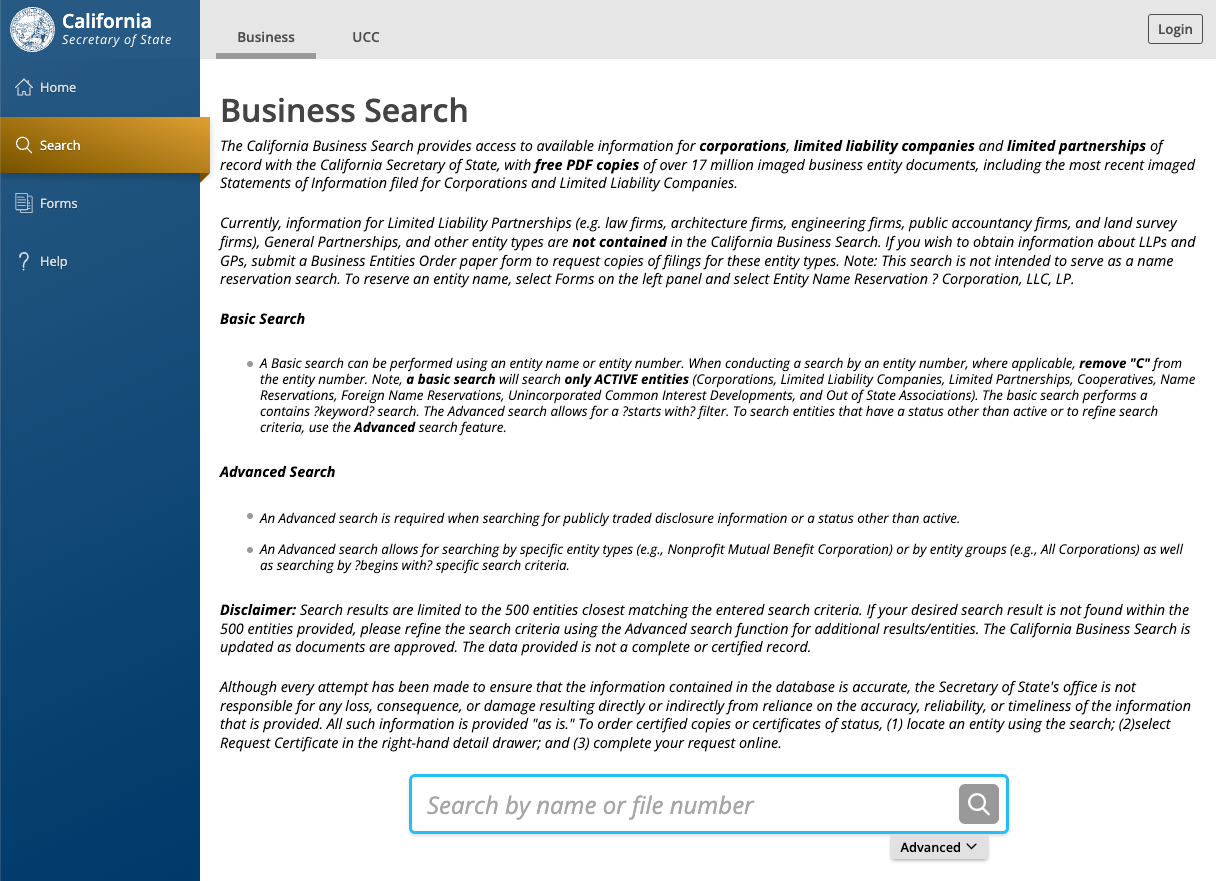 California HOA Corporate Status Search on the Secretary of State website