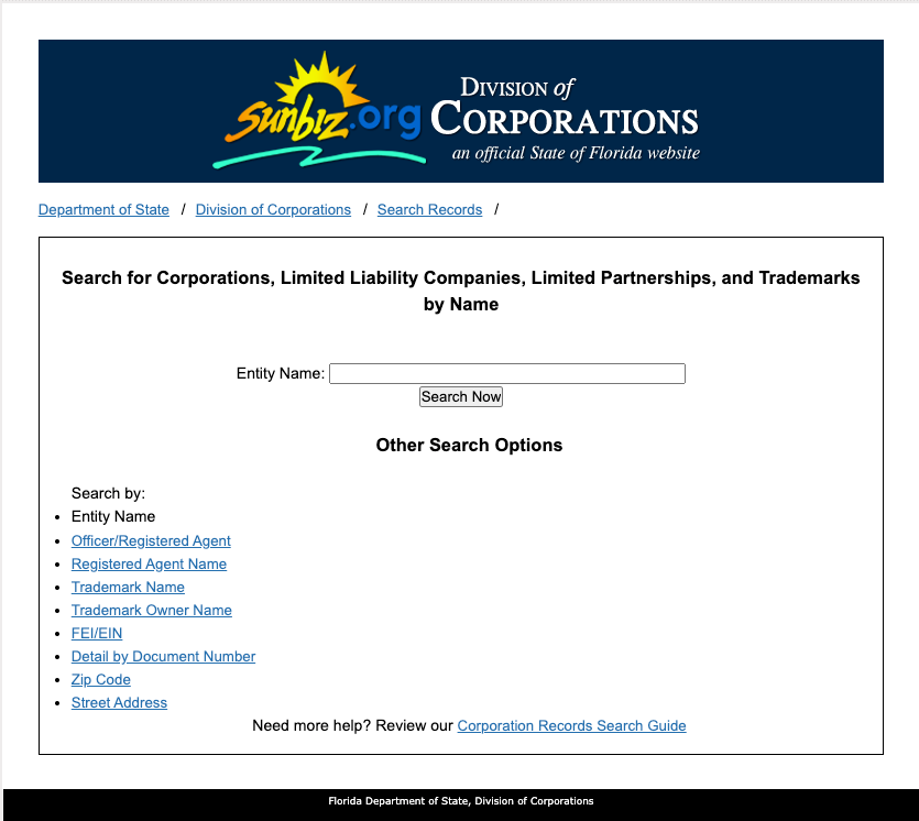 Florida HOA corporate status search on the Division of Corporations website