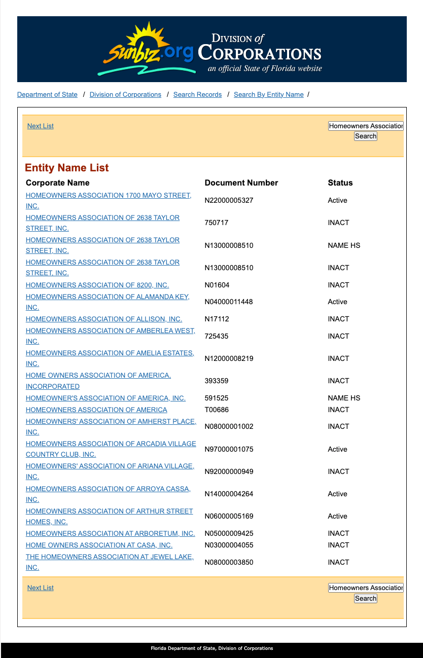 Florida HOA corporate status search result on the Division of Corporations website