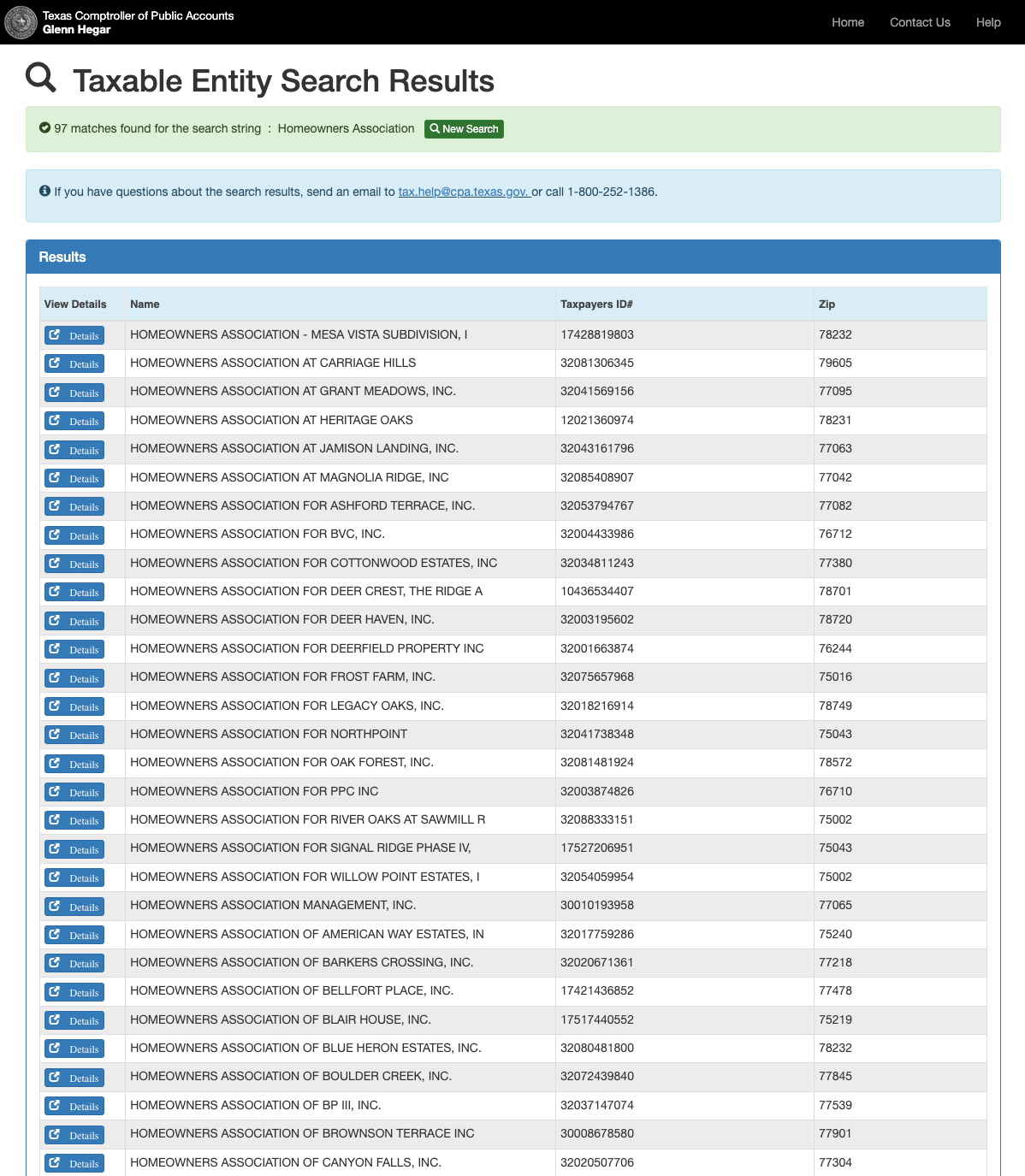 Texas HOA corporate status search result on the Comptroller of Public Account website