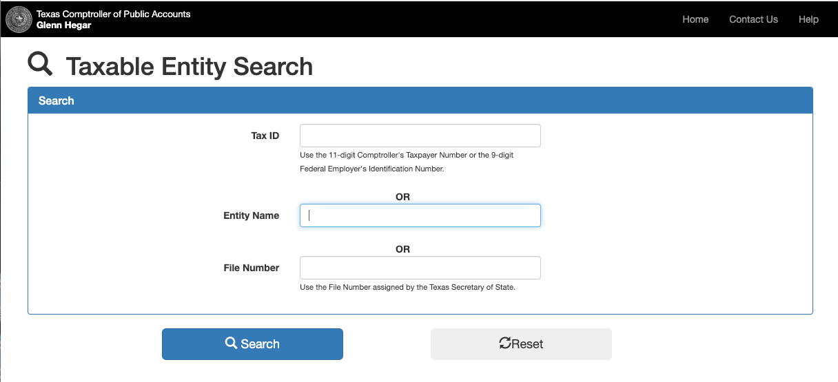 Texas HOA corporate status search on the Comptroller of Public Accounts website